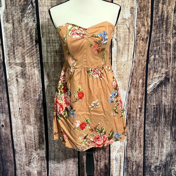 Xhilaration Tan Floral Corset Top Strapless Summer Dress with Pockets - sz MED - Picture 1 of 14